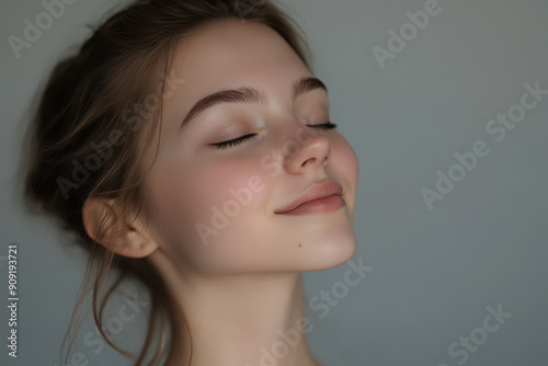 A close up of a girl's face with her eyes closed