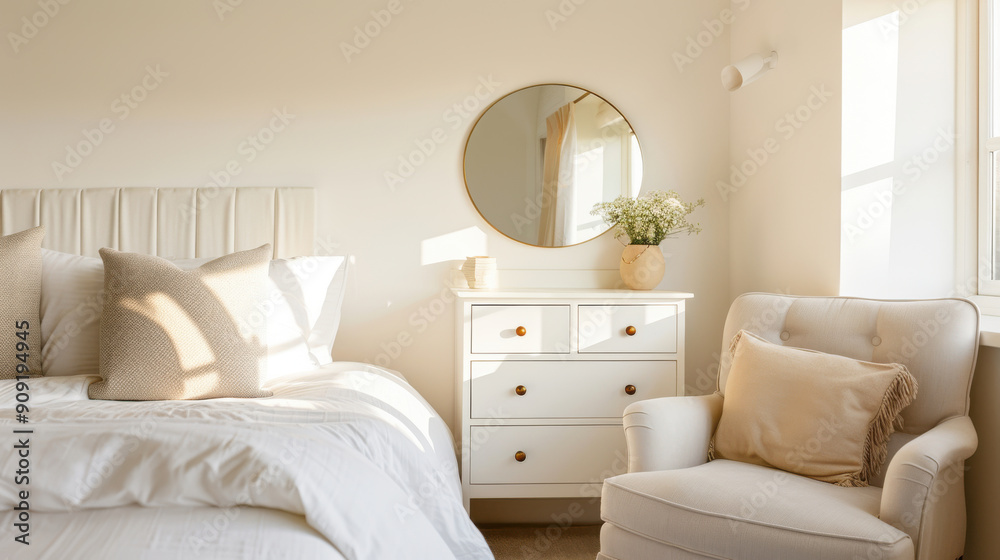 Bright and cozy bedroom featuring a soft bed, elegant furniture, and a round mirror, perfect for a relaxing atmosphere. Bright and cozy bedroom featuring a soft bed, elegant furniture, and a round mirror, perfect for a relaxing atmosphere.
