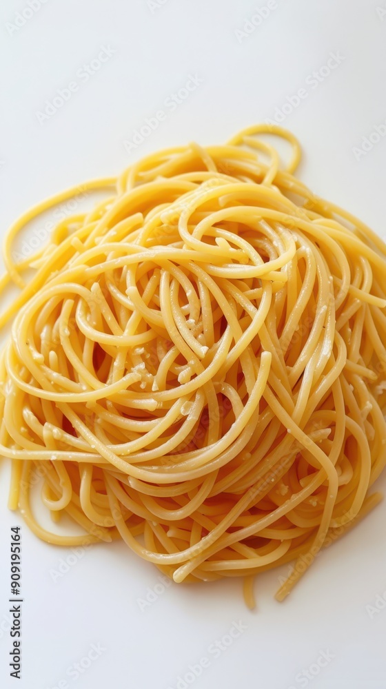 A serving of delicious spaghetti rests elegantly on a plate, showcasing its intricate noodle arrangement A serving of delicious spaghetti rests elegantly on a plate, showcasing its intricate noodle arrangement