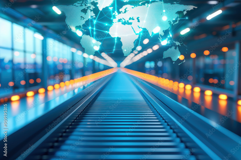 Futuristic conveyor belt with a digital map overlay, symbolizing global logistics and connectivity in a modern industrial setting. Futuristic conveyor belt with a digital map overlay, symbolizing global logistics and connectivity in a modern industrial setting.