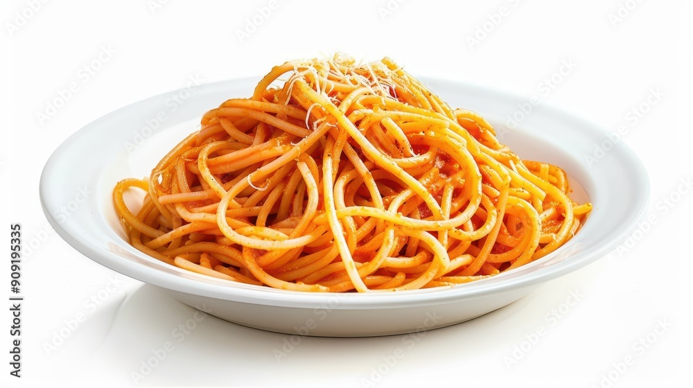 A serving of spaghetti coated with vibrant tomato sauce, topped with freshly grated cheese A serving of spaghetti coated with vibrant tomato sauce, topped with freshly grated cheese