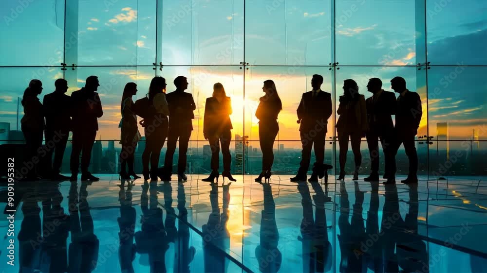 A group of people are standing in front of a window, with the sun shining through the glass. Scene is one of unity and collaboration, as the people are all gathered together in a professional setting