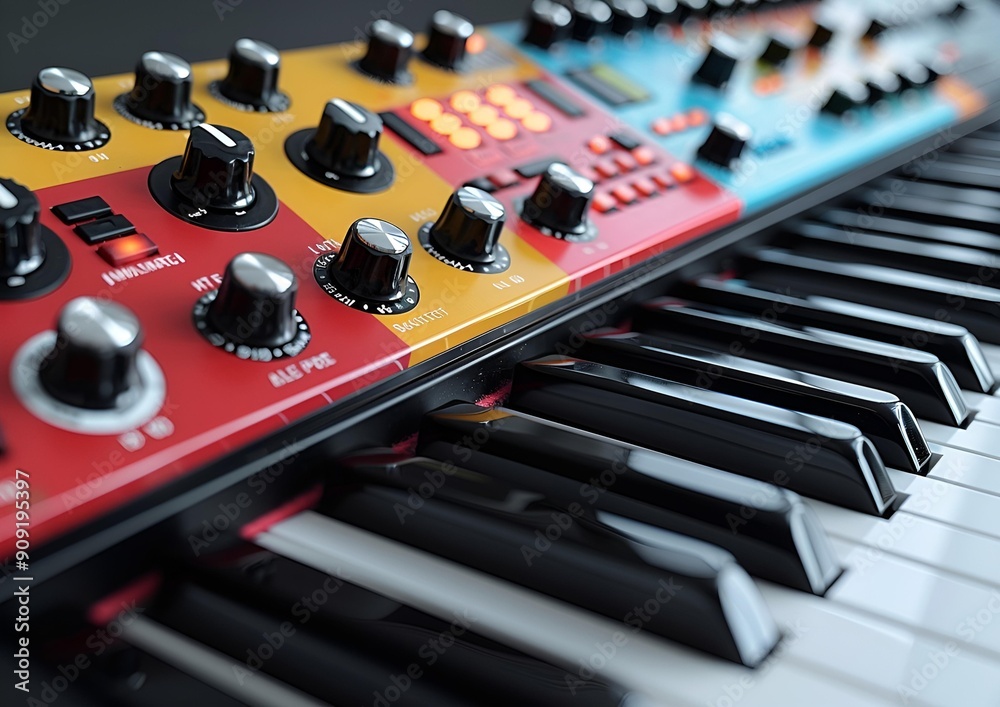 a colorful electronic keyboard with knobs.
a colorful electronic keyboard with knobs.