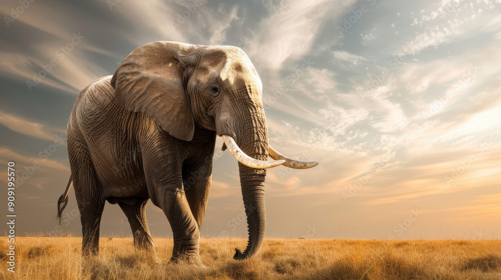 Fototapeta premium Majestic elephant walking in golden grasslands under a vibrant sky, showcasing nature's beauty and wildlife in harmony.