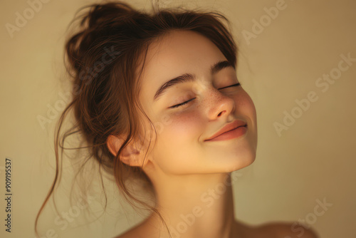 A close up of a girl's face with her eyes closed