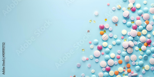 Multicoloured pills on a light blue background. The concept of evidence-based medicine and high-tech modern pharmacology. Copy space. Banner, background, wallpaper.