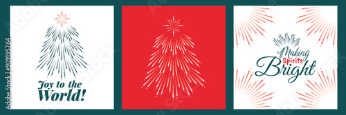Joy to the world, merry Christmas visuals. Making spirits Bright cards for festive winter days. Firework Christmas Trees that sparkle. Awesome typography with happy messages.