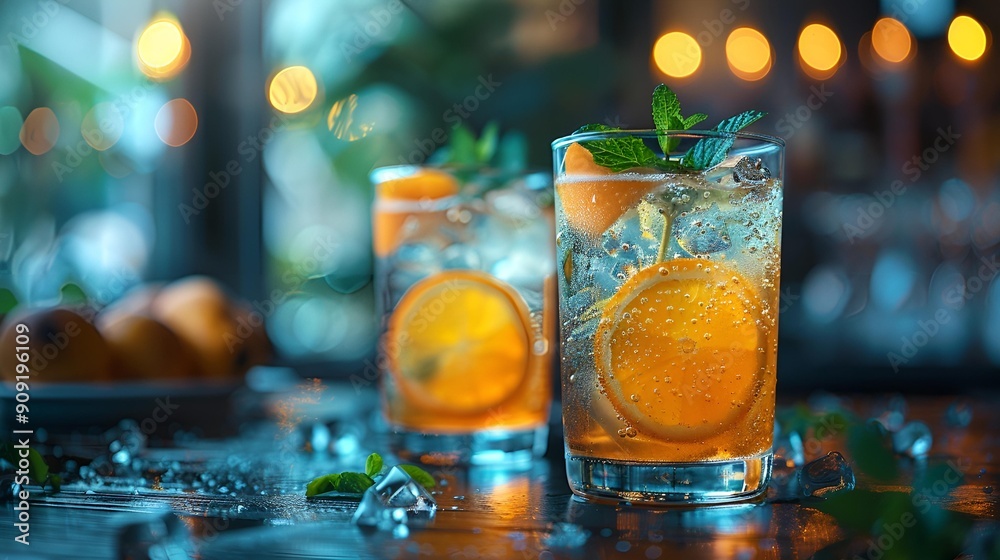 a group of glasses with oranges and ice.
a group of glasses with oranges and ice.