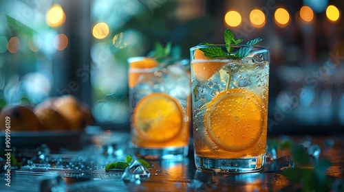 a group of glasses with oranges and ice.