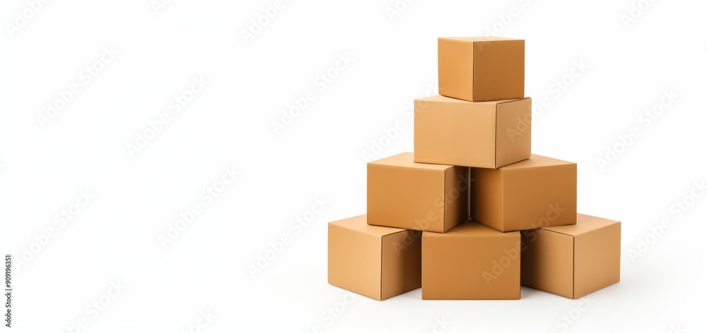 Obraz premium cardboard boxes stacked on a white background, space for text