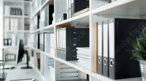 Organized office shelves filled with documents and binders in a minimalist office space, showcasing simplicity and efficient workspace organization.