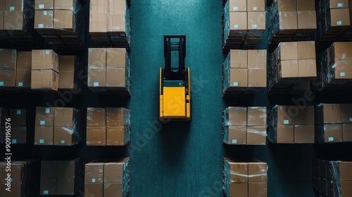 A top-down view of a bright yellow forklift in a warehouse, skillfully maneuvering between rows of stacked boxes, symbolizing efficiency, organization, and the importance of logistics in modern stora photo