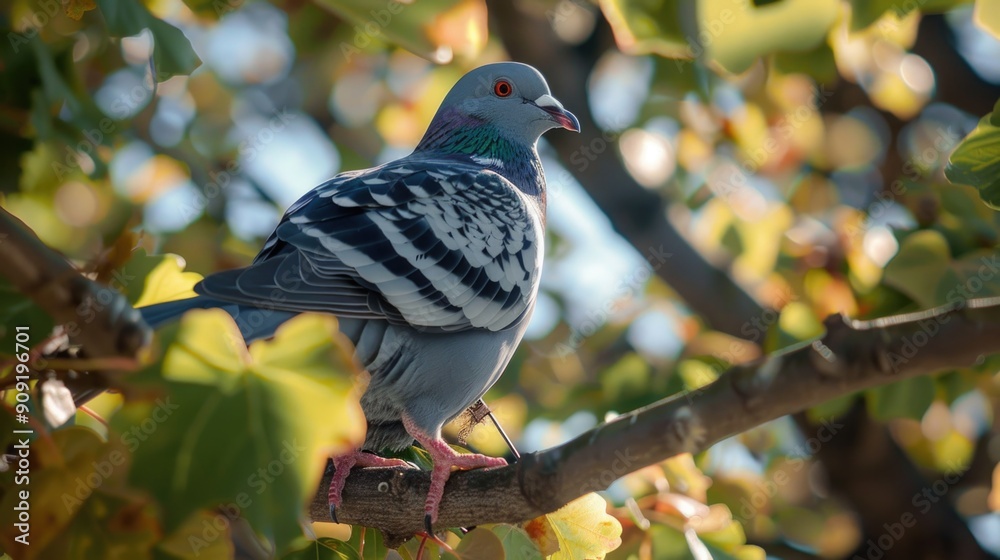 Obraz premium A pigeon sits on the branch of a tree, looking around