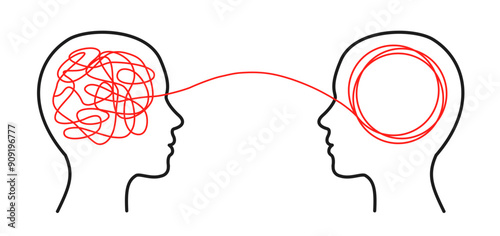 Humans head silhouette psycho therapy concept, equal rings and scribbles, brainstorming, therapist and patient, brain with tangled knot and order in man head, mental problem solving