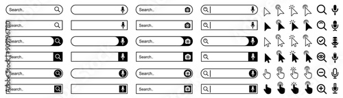 Search bar web page internet browser button, search box template isolated, various shape search bar boxes collection icon, cursor, magnifying glass, microphone