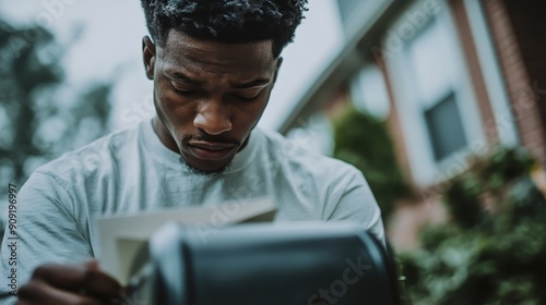 A man checks his mailbox for letters on a residential street, conveying a daily routine scene with greenery and homes visible in the background. photo