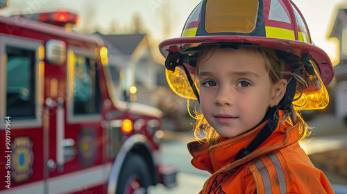 A young child dressed as a firefighter, wearing a fire helmet and jacket, standing next to a fire truck. The background should feature a suburban neighborhood with photo