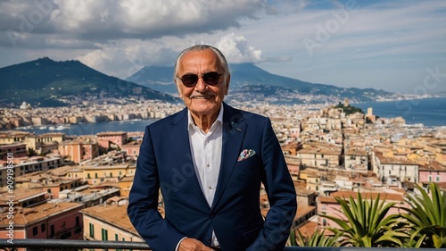 Elderly gentleman against the backdrop of Naples. Italian pensioner in a beautiful stylish suit, wealthy man