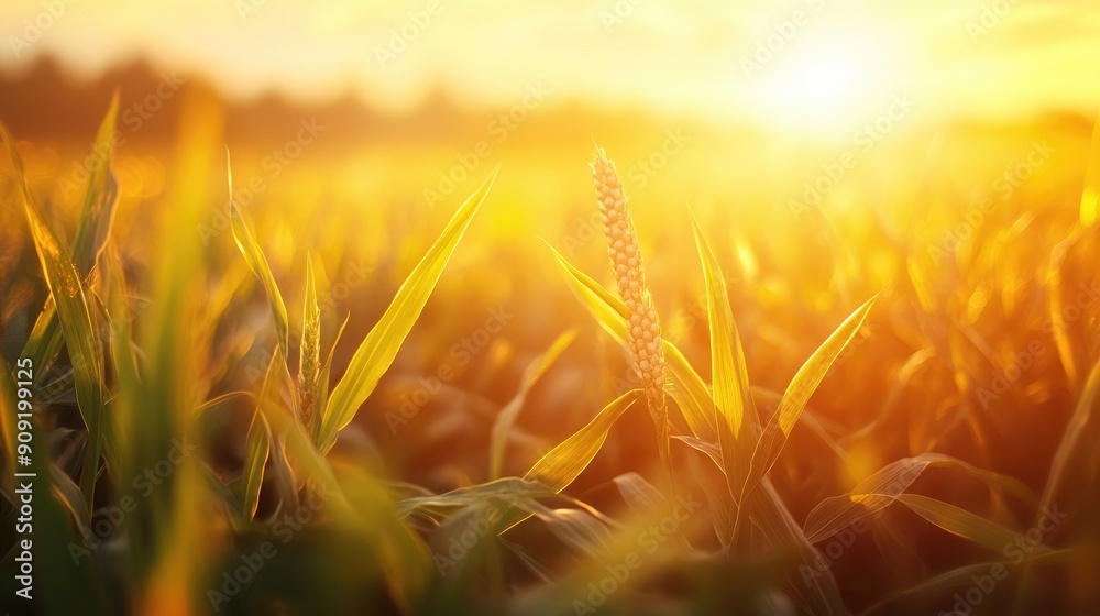 Corn cob close-up in a field during sunset, with the golden light enhancing its texture. Corn cob close-up in a field during sunset, with the golden light enhancing its texture.
