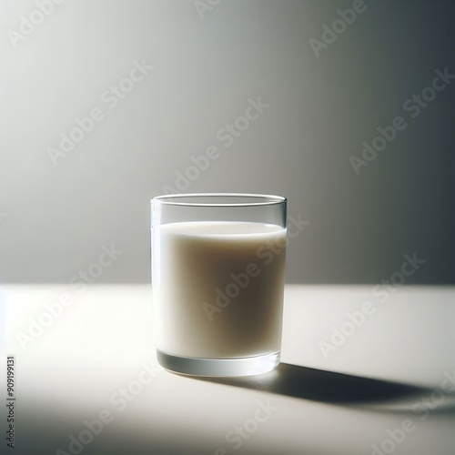 A glass of milk sits on a plain white table, illuminated by soft natural light from a nearby window. 