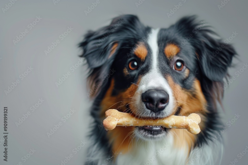 A dog holds a bone in its mouth A dog holds a bone in its mouth