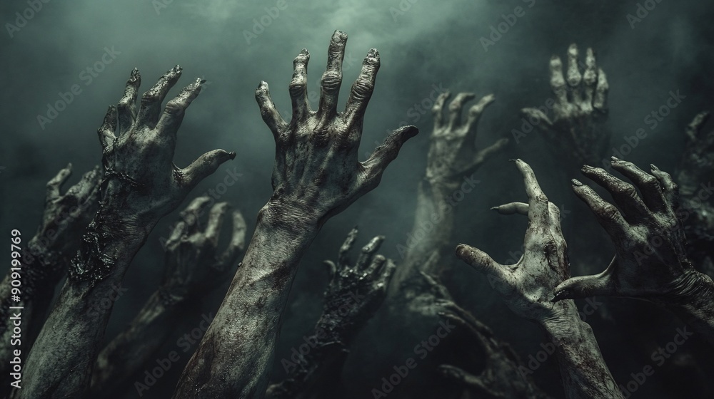 Multiple zombie hands grasping in different directions with a dark, eerie background Multiple zombie hands grasping in different directions with a dark, eerie background