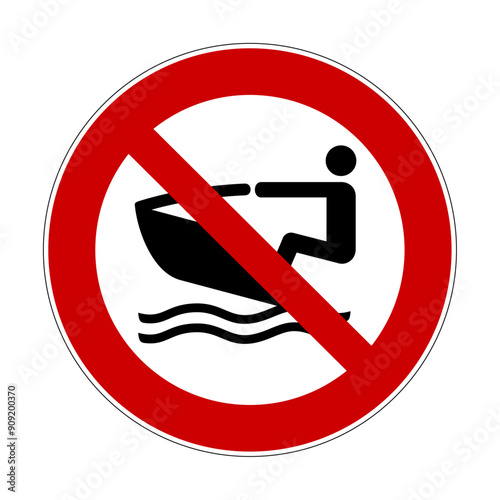 No personal water craft sign. Vector illustration of red crossed out circle sign with jet ski icon inside.  No water scooter symbol. High risk of collision with people in water.