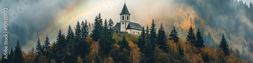 A beautiful mountain with a white church and a rainbow in the sky. The scene is peaceful and serene