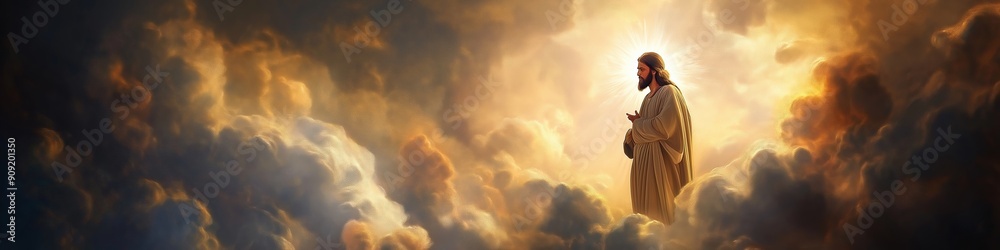 A painting of Jesus Christ standing in the clouds. The sky is filled with clouds and the sun is shining brightly. The painting has a peaceful and spiritual mood A painting of Jesus Christ standing in the clouds. The sky is filled with clouds and the sun is shining brightly. The painting has a peaceful and spiritual mood