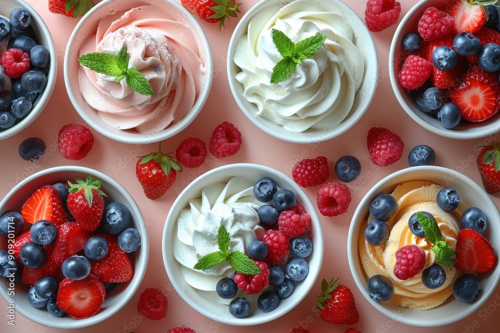 many flavors of fruit yogurt blows on the background many flavors of fruit yogurt blows on the background