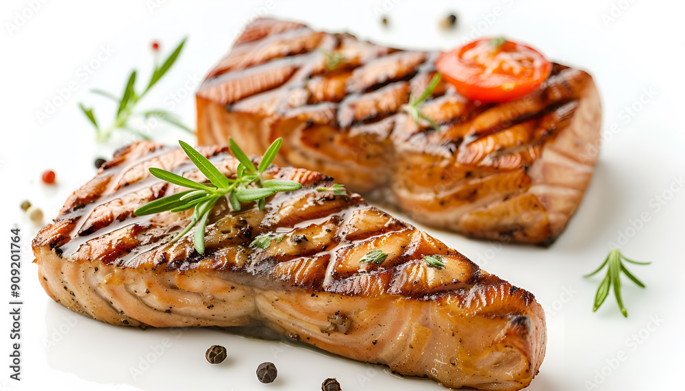 Tuna fish steak grilled isolated on white background with full depth of field Tuna fish steak grilled isolated on white background with full depth of field
