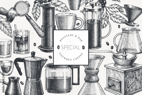 Alternative Coffee Makers Illustration. Vector Hand Drawn Specialty Coffee Equipment Banner. Vintage Style Coffee Bar Design