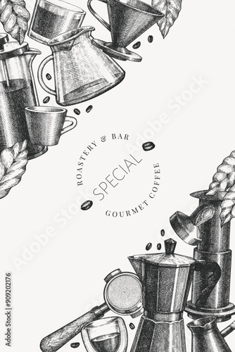 Alternative Coffee Makers Illustration. Vector Hand Drawn Specialty Coffee Equipment Banner. Vintage Style Coffee Bar Design