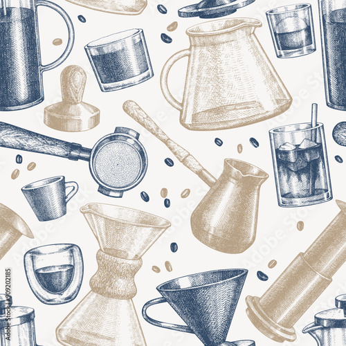 Alternative Coffee Makers Seamless Pattern. Vector Hand Drawn Specialty Coffee Equipment Background. Vintage Style Coffee Bar Design