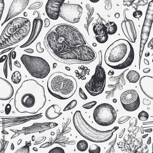 Paleo Diet  Seamless Pattern. Vector Hand Drawn Healthy Food Background. Vintage Style Menu Illustration.