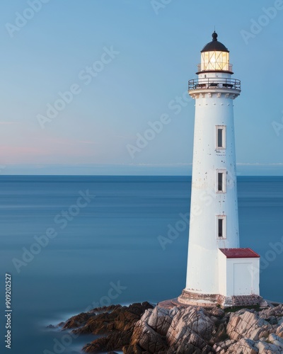 Wallpaper Mural A serene lighthouse standing tall on rocky shores, guiding ships at sunset with gentle ocean waves in the background. Torontodigital.ca