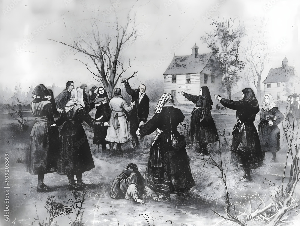 A vintage style illustration depicting the Salem Witch Trials with a raw, artistic touch.