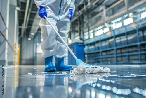 Person in protective suit mopping a clean industrial floor with blue overboots. Hygienic environment maintenance. Ideal for cleaning service advertisements and industrial safety. AI photo