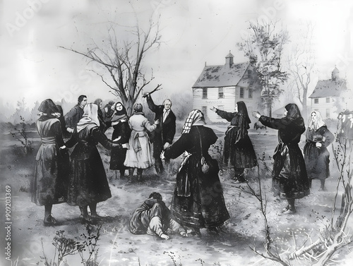 Obraz na płótnie A vintage style illustration depicting the Salem Witch Trials with a raw, artistic touch. w salonie
