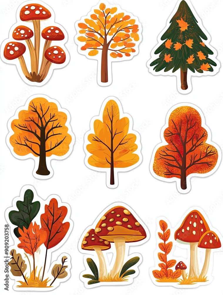 set of autumn stickers trees leaves and mushrooms on a white background. Colorful autumn illustrations of trees and mushrooms in various shapes colors set of autumn stickers trees leaves and mushrooms on a white background. Colorful autumn illustrations of trees and mushrooms in various shapes colors