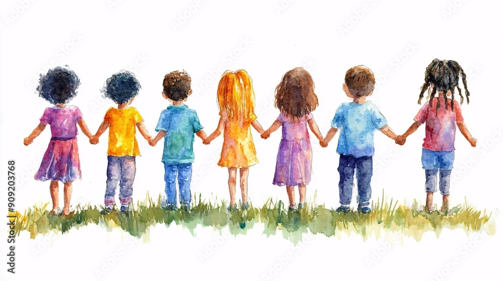 Unity in Diversity - Watercolor Painting of Diverse Children Holding Hands on White Background Unity in Diversity - Watercolor Painting of Diverse Children Holding Hands on White Background