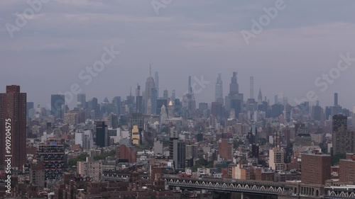 Push in aerial shot from Brooklyn to Manhattan