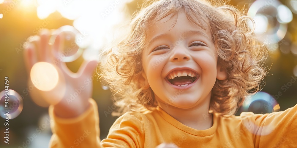 Joyful Child with Bubbles: A portrait of a happy child with curly hair, laughing in the sunshine surrounded by bubbles. The child's infectious smile evokes a sense of pure joy and innocence. Perfect f Joyful Child with Bubbles: A portrait of a happy child with curly hair, laughing in the sunshine surrounded by bubbles. The child's infectious smile evokes a sense of pure joy and innocence. Perfect f
