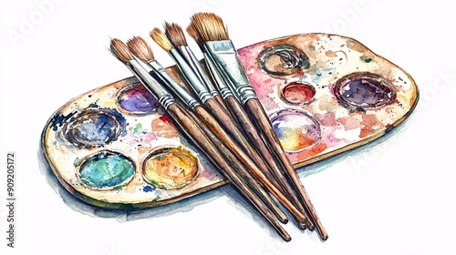 Vibrant Watercolor Illustration of Art Supplies - Paintbrushes and Palette on White Background