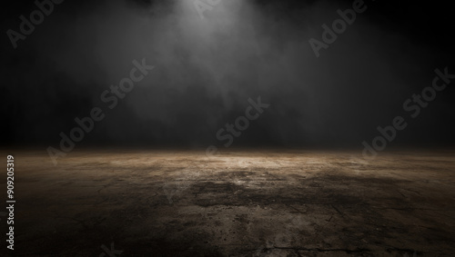Eerie, foggy atmosphere on a grungy concrete floor with dramatic lighting.