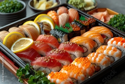 Various toppings of sushi in a box