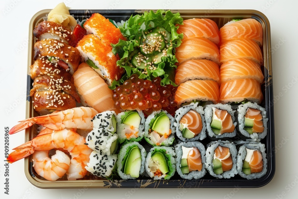 Various toppings of sushi in a box Various toppings of sushi in a box