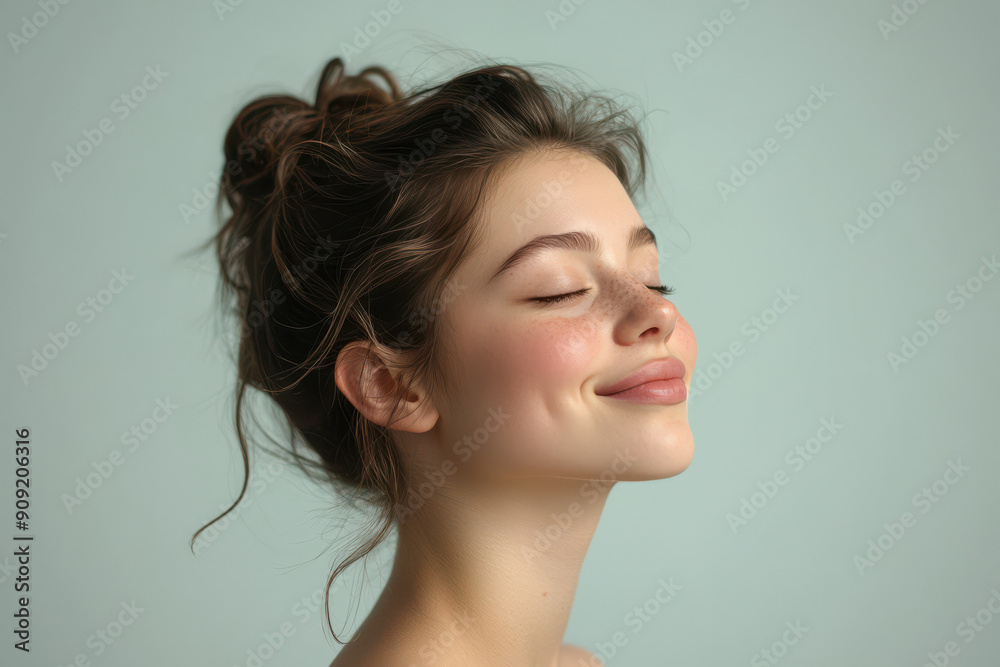 A close up of a girl's face with her eyes closed