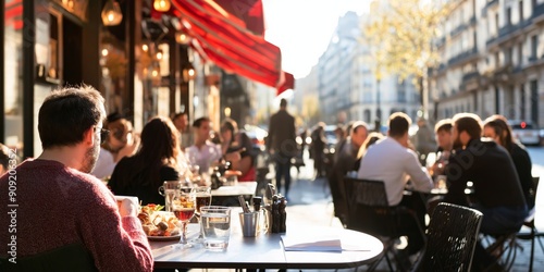 Fototapeta Naklejka Na Ścianę i Meble -   Parisian Cafe: A charming Parisian cafe bustling with life, capturing the essence of French culture with its outdoor seating, lively conversations, and the warm glow of the setting sun.  