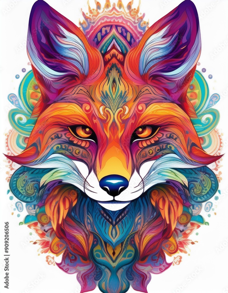 Naklejka premium Psychadelic theme Fox. Spirit Animal totem guide illustration